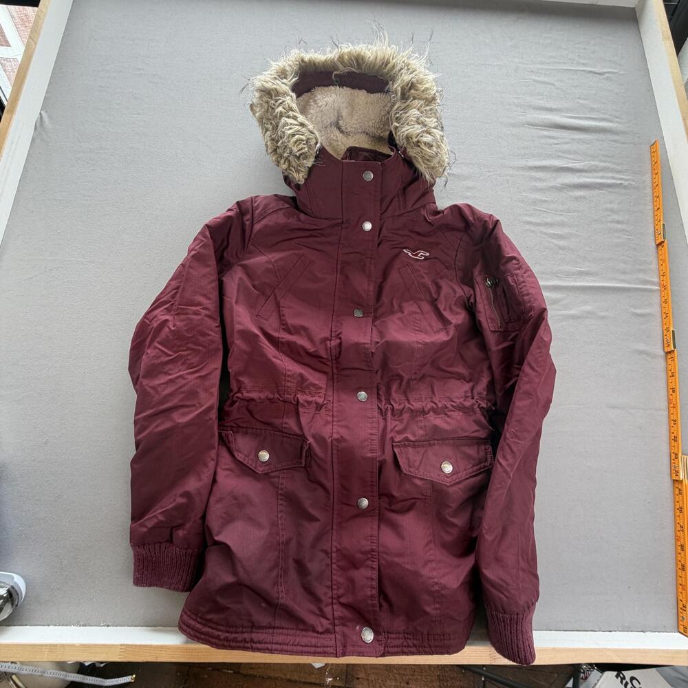 Hollister Coat Womens Small Red Hooded Faux Fur Lined Parka Zip Pockets Warm